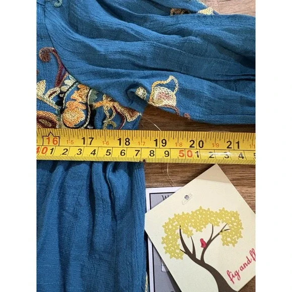 Fig & Flower Embroidered Floral Paisley Roll-Tab Tunic Blouse Turquoise Teal S - Picture 7 of 9